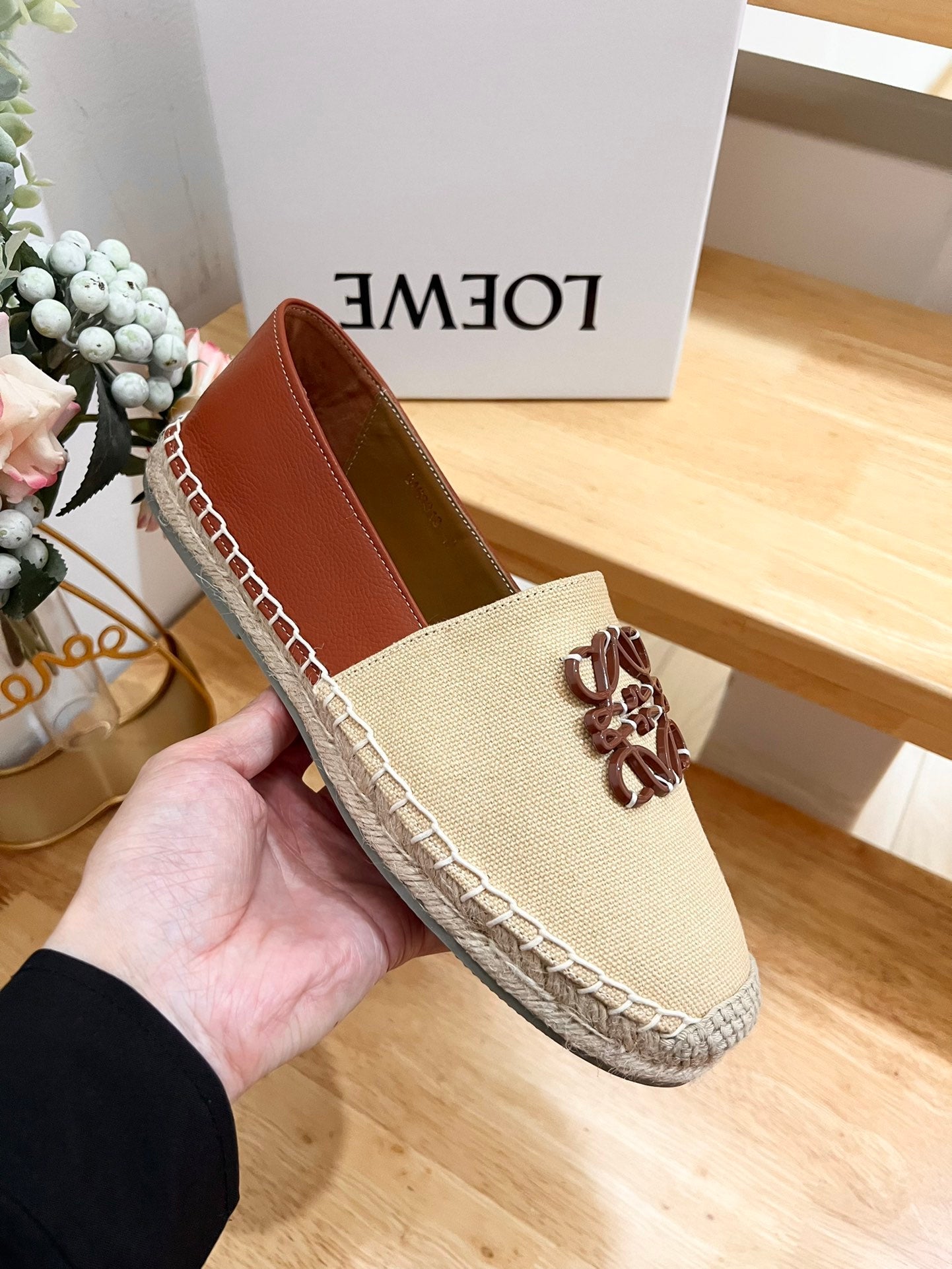 Loew Anagram Espadrille Beige Brown Leather and Canvas - 35