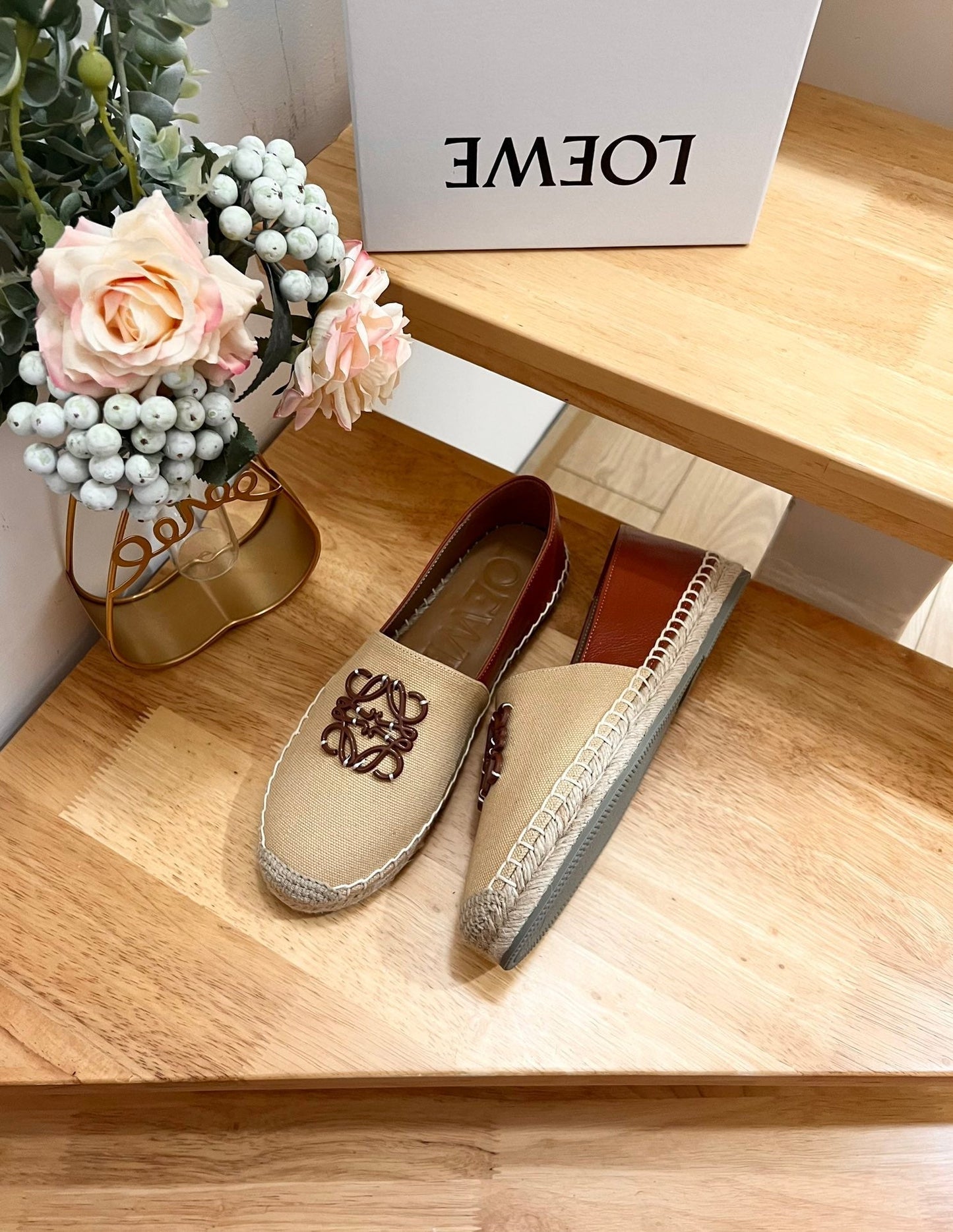 Loew Anagram Espadrille Beige Brown Leather and Canvas - 35