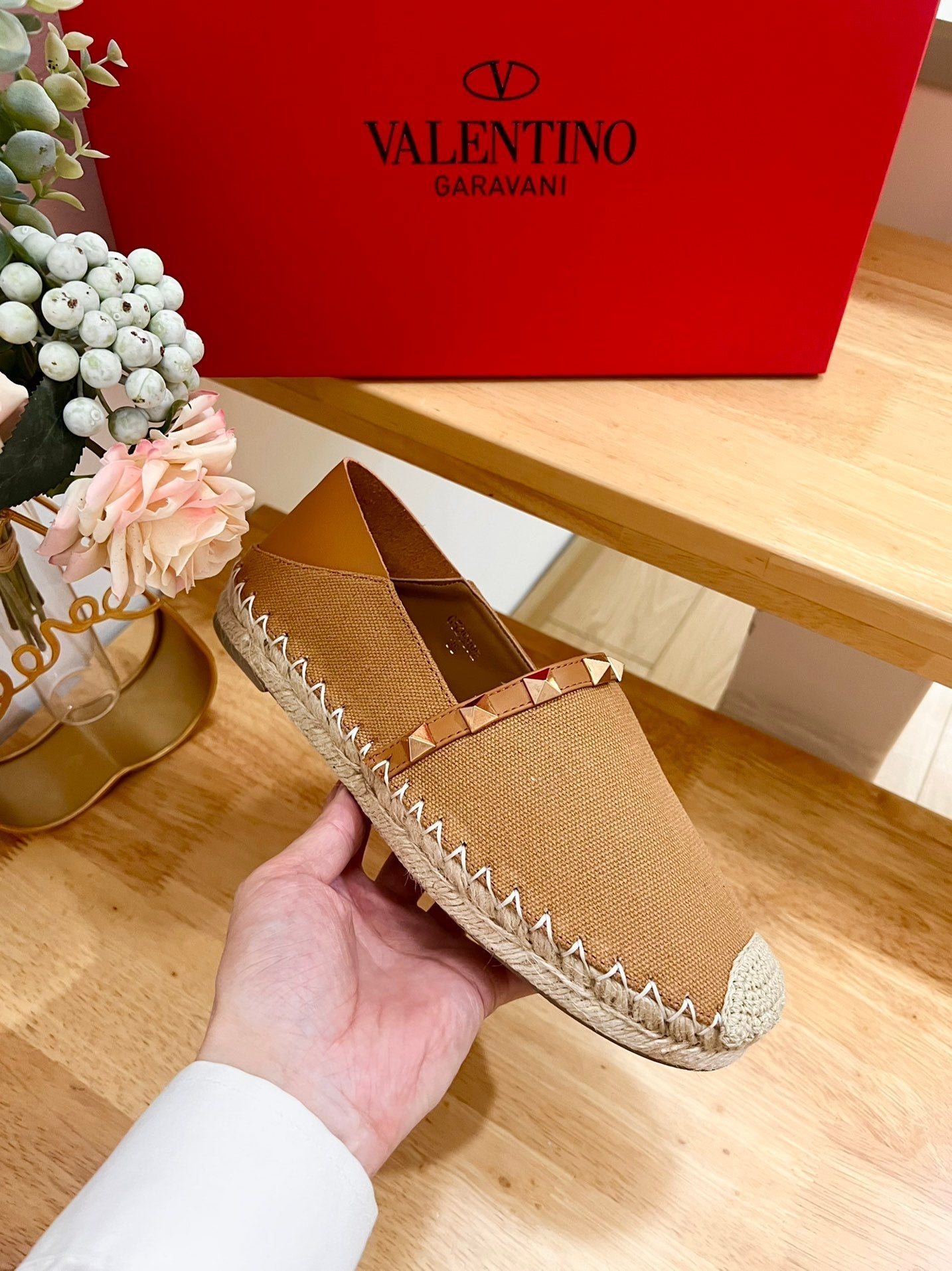 ROCKSTUD CIDER BROWN CANVAS ESPADRILLES - 36