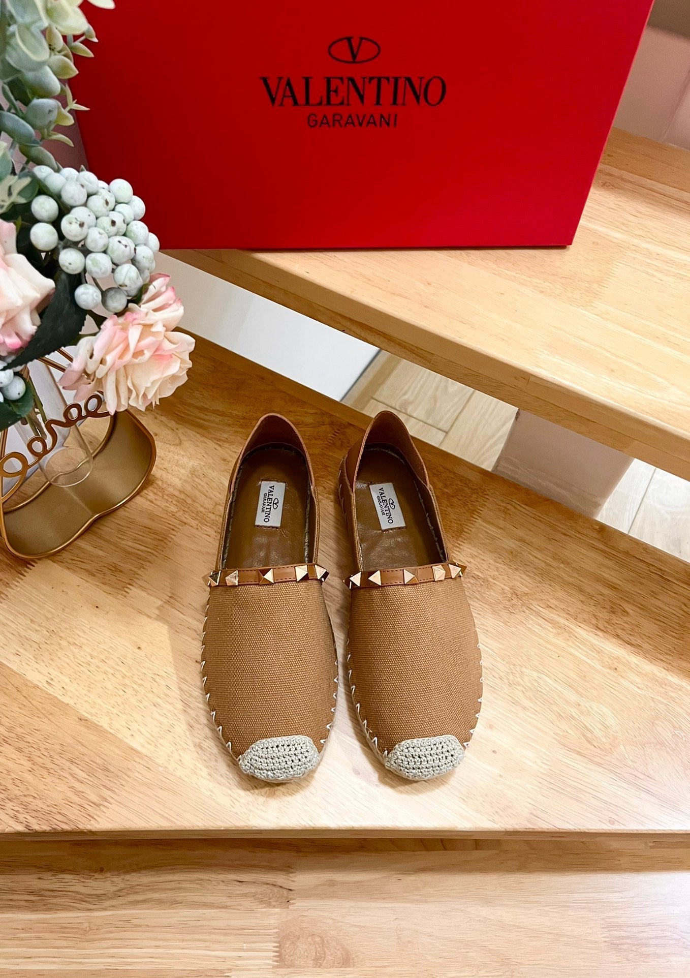 ROCKSTUD CIDER BROWN CANVAS ESPADRILLES - 36