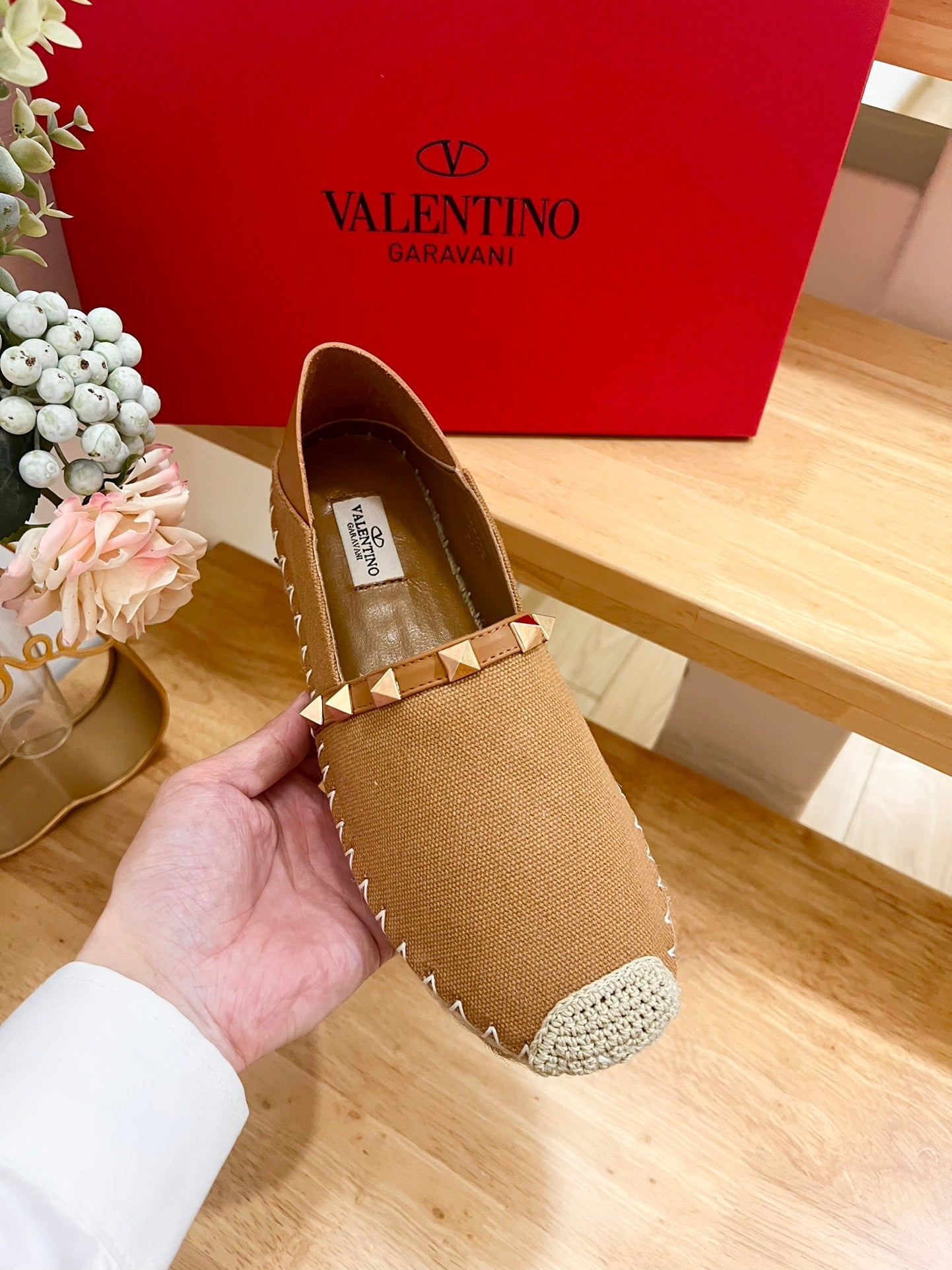 ROCKSTUD CIDER BROWN CANVAS ESPADRILLES - 36