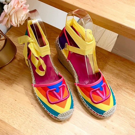 GARAVANI PRINTED COLORFUL CANVAS HIGH SANDAL 95 MM WITH EMBROIDERED LOGO - 35