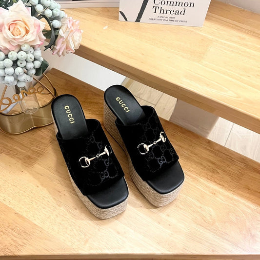 БОСОНІЖКИ GUCCI 26S НА ТАНКЕТЦІ 100 ММ ІЗ ЧОРНОГО ОКСАМИТУ