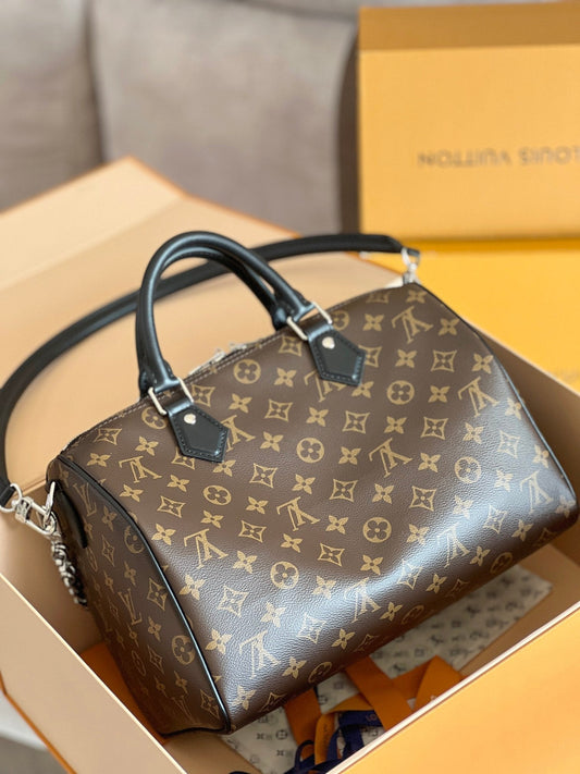 LV 25S SPEEDY SOFT 30 З КОРИЧНЕВОЇ МОНОГРАМНОЇ КАНВИ ТА ТЕЛЯЧОЇ ШКІРИ З ФУРНІТУРОЮ СРІБНОГО КОЛЬОРУ