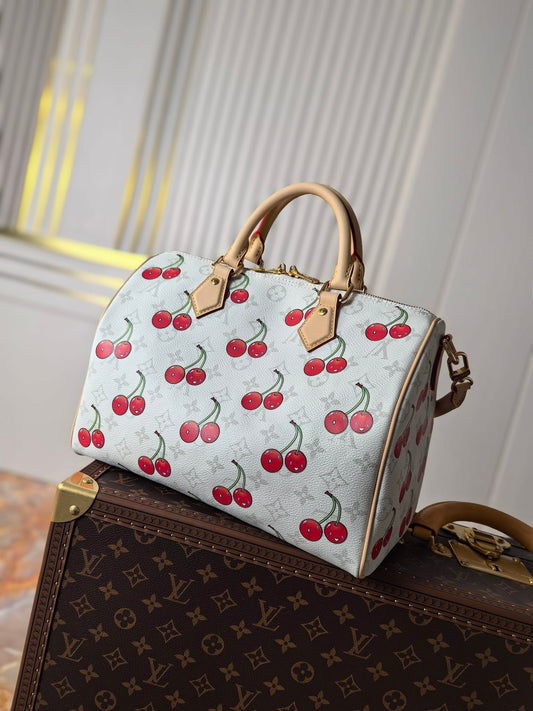 LV 25S SPEEDY SOFT 30 З БІЛОГО ПОЛОТНА З МОНОГРАМОЮ У ВИГЛЯДІ ВИШНІ, ЗОЛОТА ФУРНІТУРА