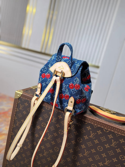 РЮКЗАК LV 25S VENICE BACKPACK 26 ЗІ СИНЬОГО ДЕНІМУ MONOGRAM І ЗОЛОТОЮ ФУРНІТУРОЮ CHERRY