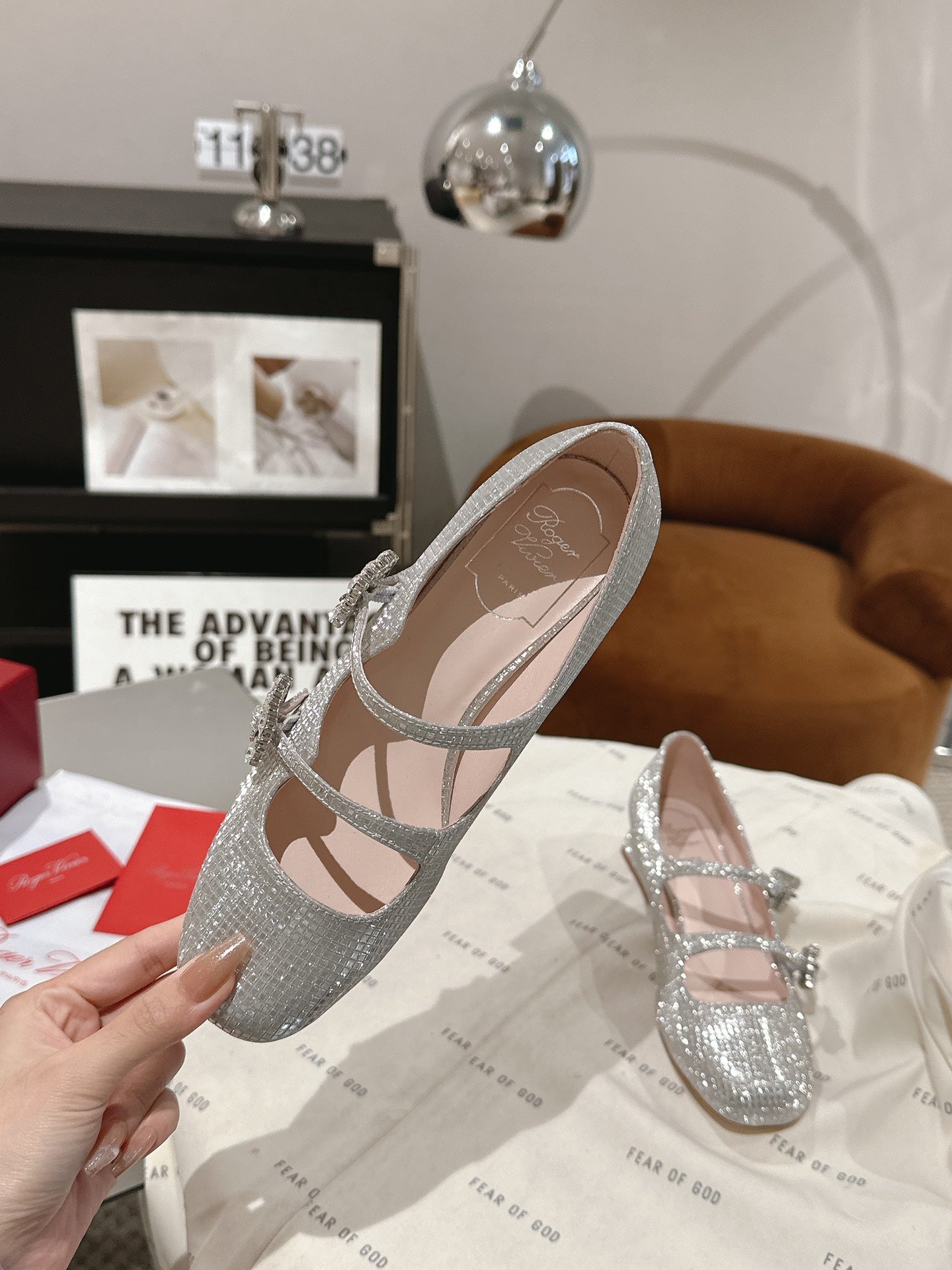 MINI TRES VIVIER STRASS BUCKLE BABIES BALLERINAS IN SILVER CALFSKIN FULLY EMBELLISHED CRYSTALS - 35