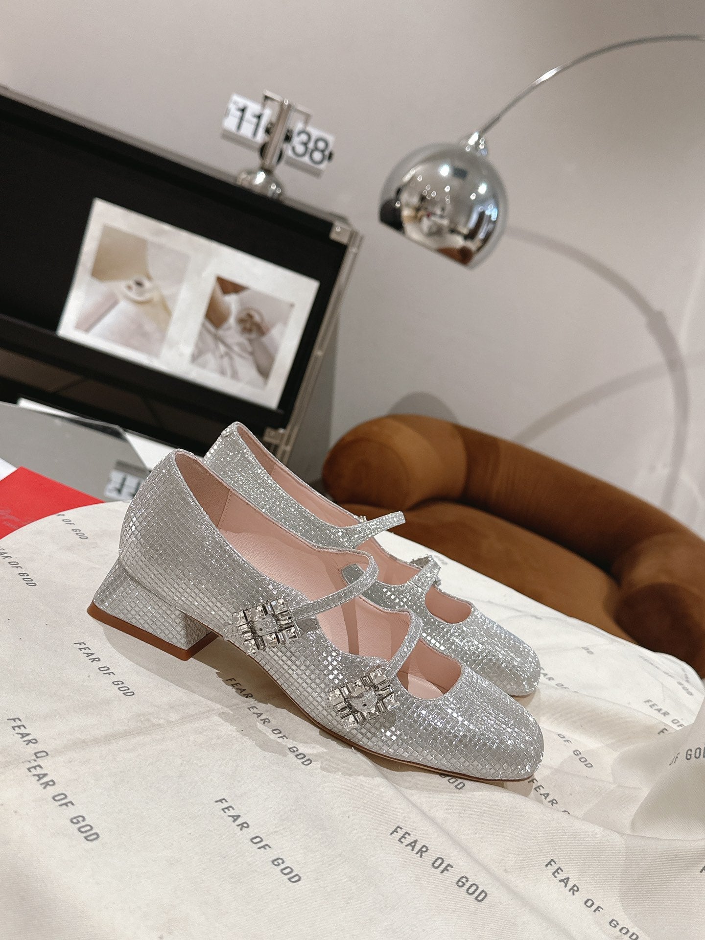 MINI TRES VIVIER STRASS BUCKLE BABIES BALLERINAS IN SILVER CALFSKIN FULLY EMBELLISHED CRYSTALS - 35