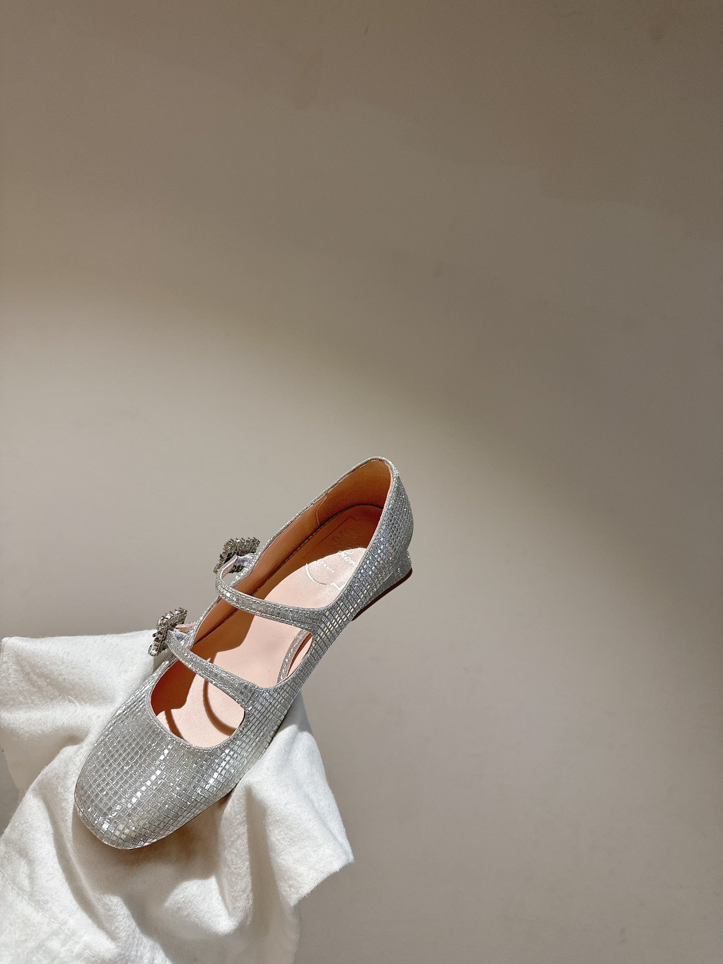 MINI TRES VIVIER STRASS BUCKLE BABIES BALLERINAS IN SILVER CALFSKIN FULLY EMBELLISHED CRYSTALS - 35