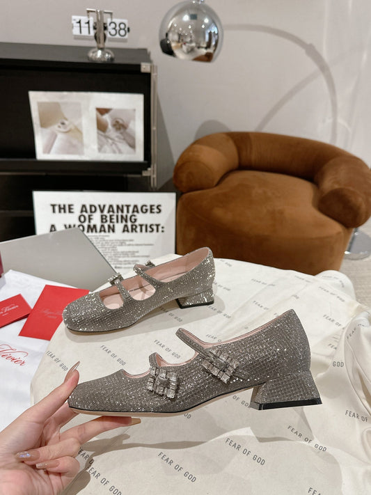 MINI TRES VIVIER STRASS BUCKLE BABIES BALLERINAS IN TAUPE CALFSKIN FULLY EMBELLISHED CRYSTALS - 35