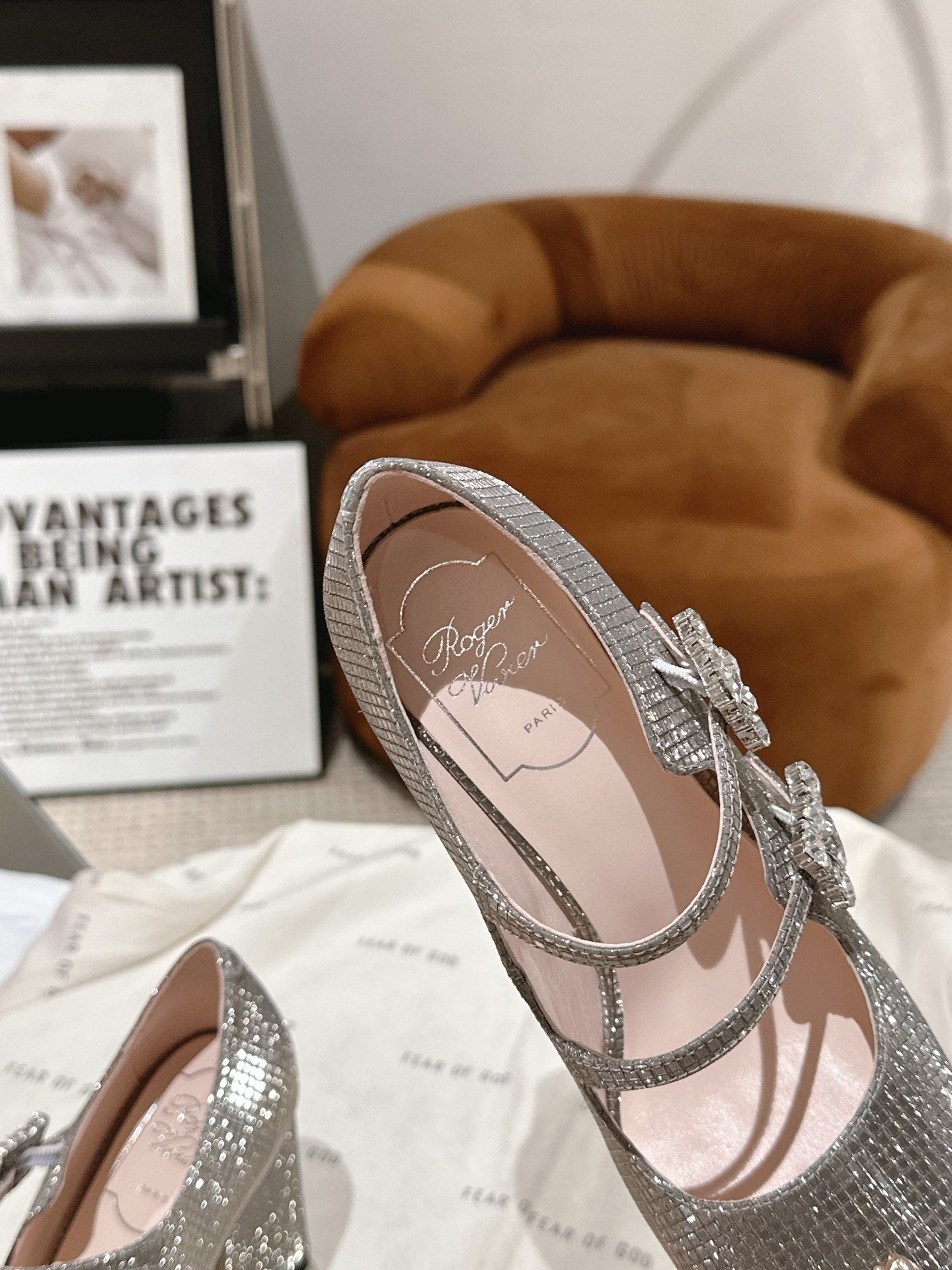 TRÈS VIVIER MARY JANE DOUBLE-STRAP PUMPS IN TAUPE CALFSKIN FULLY EMBELLISHED CRYSTALS - 35