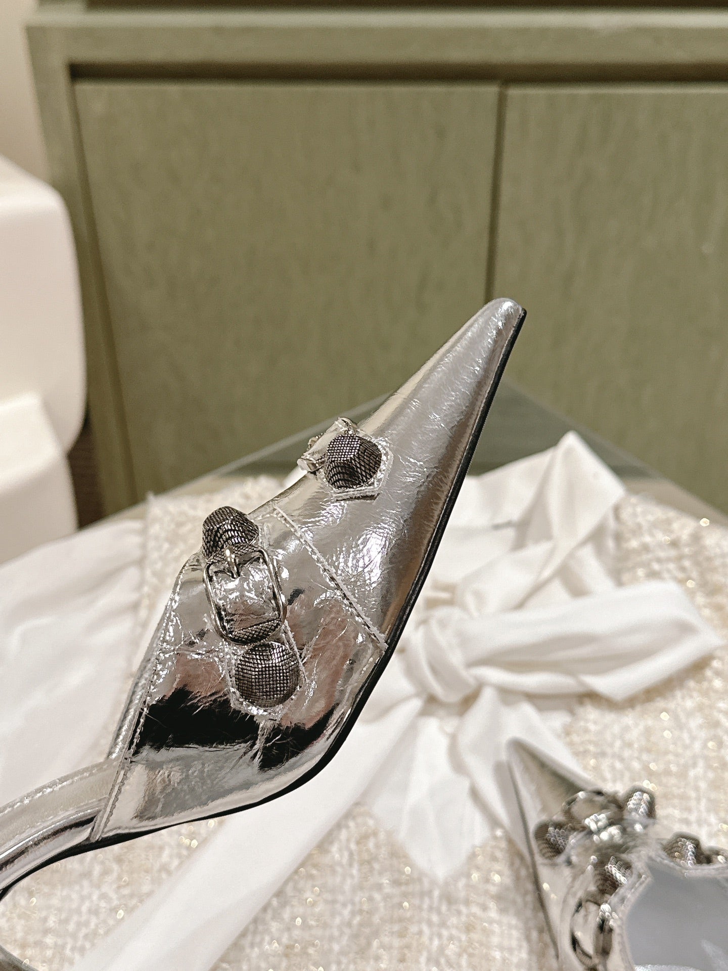 CAGOLE POINTED HIGH MULES IN SILVER SHINY CALFSKIN - 34
