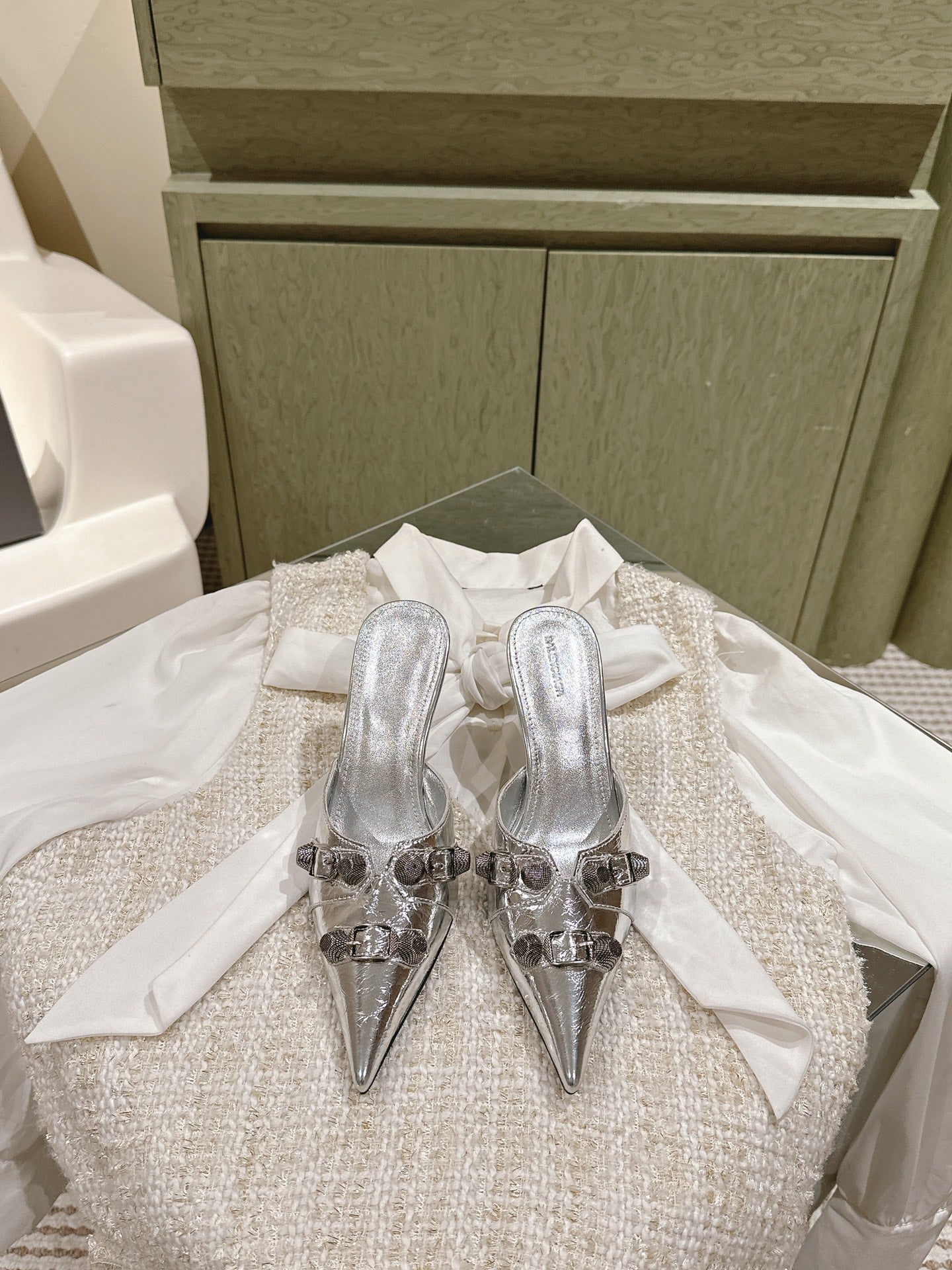 CAGOLE POINTED HIGH MULES IN SILVER SHINY CALFSKIN - 34