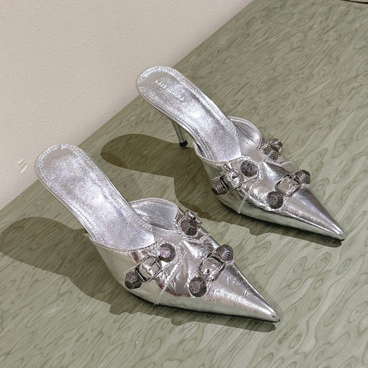 CAGOLE POINTED HIGH MULES IN SILVER SHINY CALFSKIN - 34