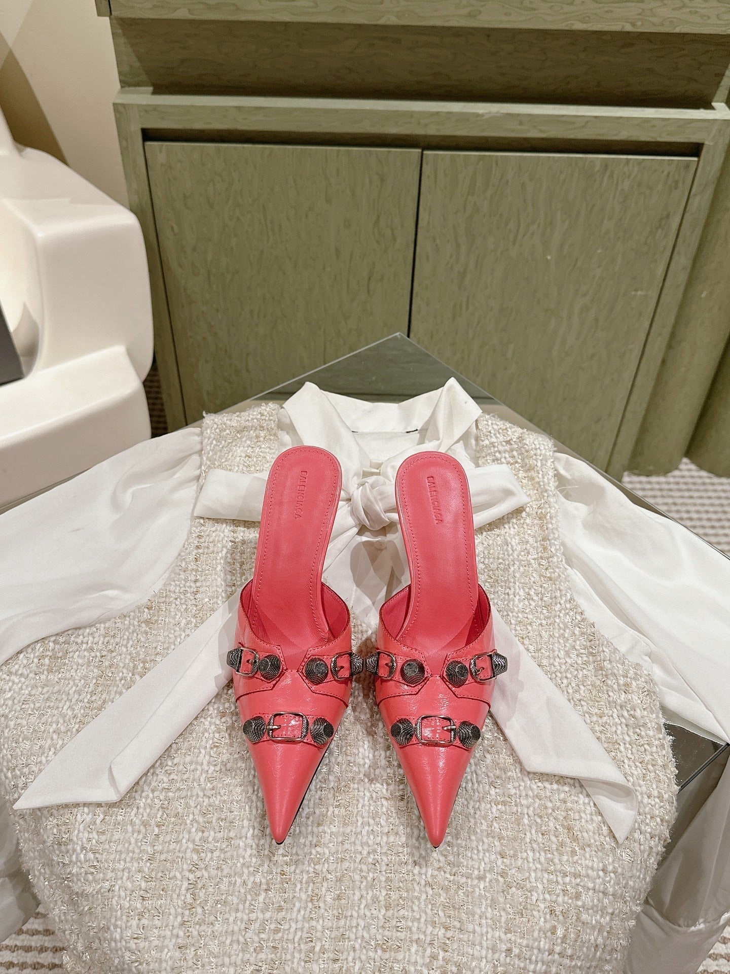 CAGOLE POINTED HIGH MULES IN ROMAN PINK SHINY CALFSKIN - 34