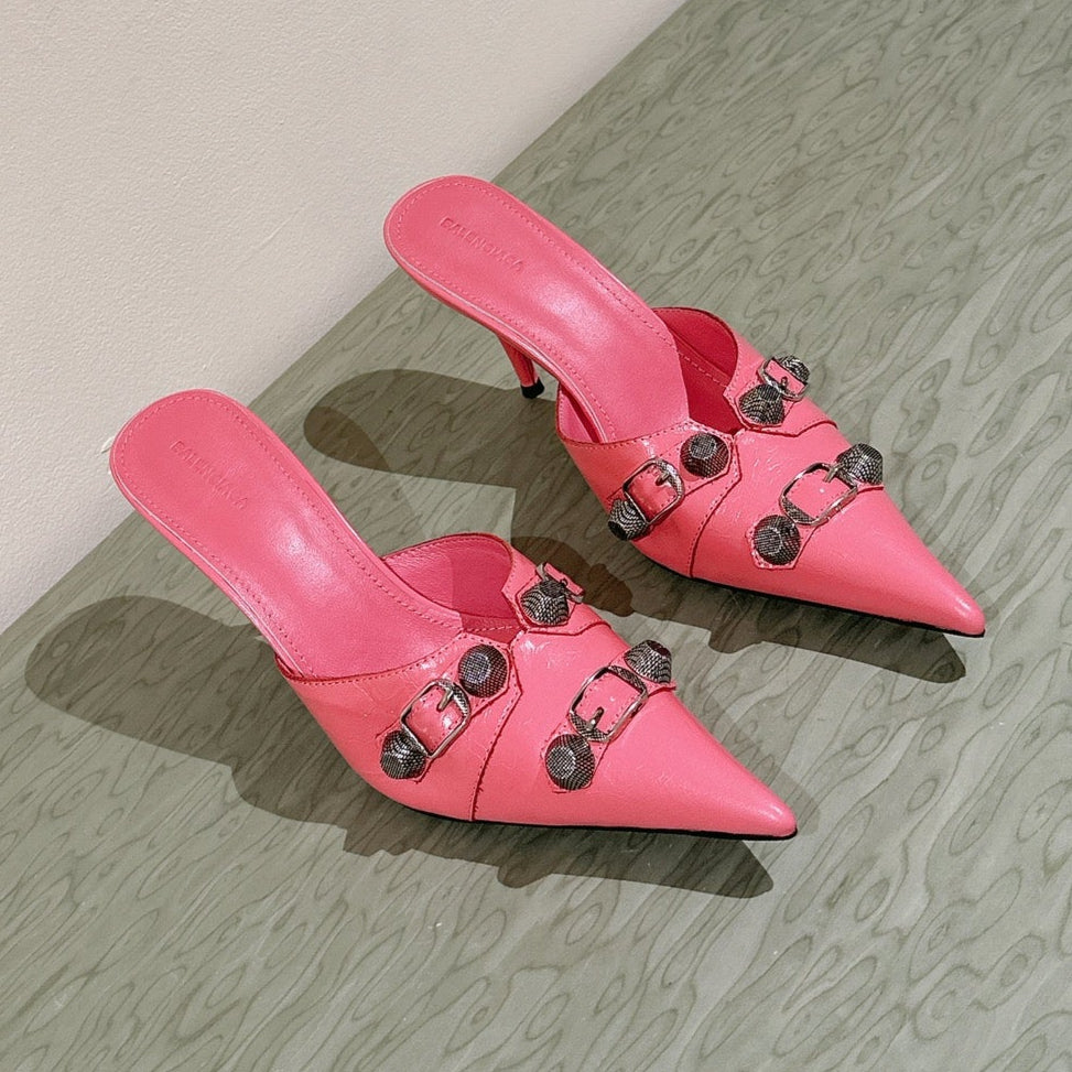 CAGOLE POINTED HIGH MULES IN ROMAN PINK SHINY CALFSKIN - 34