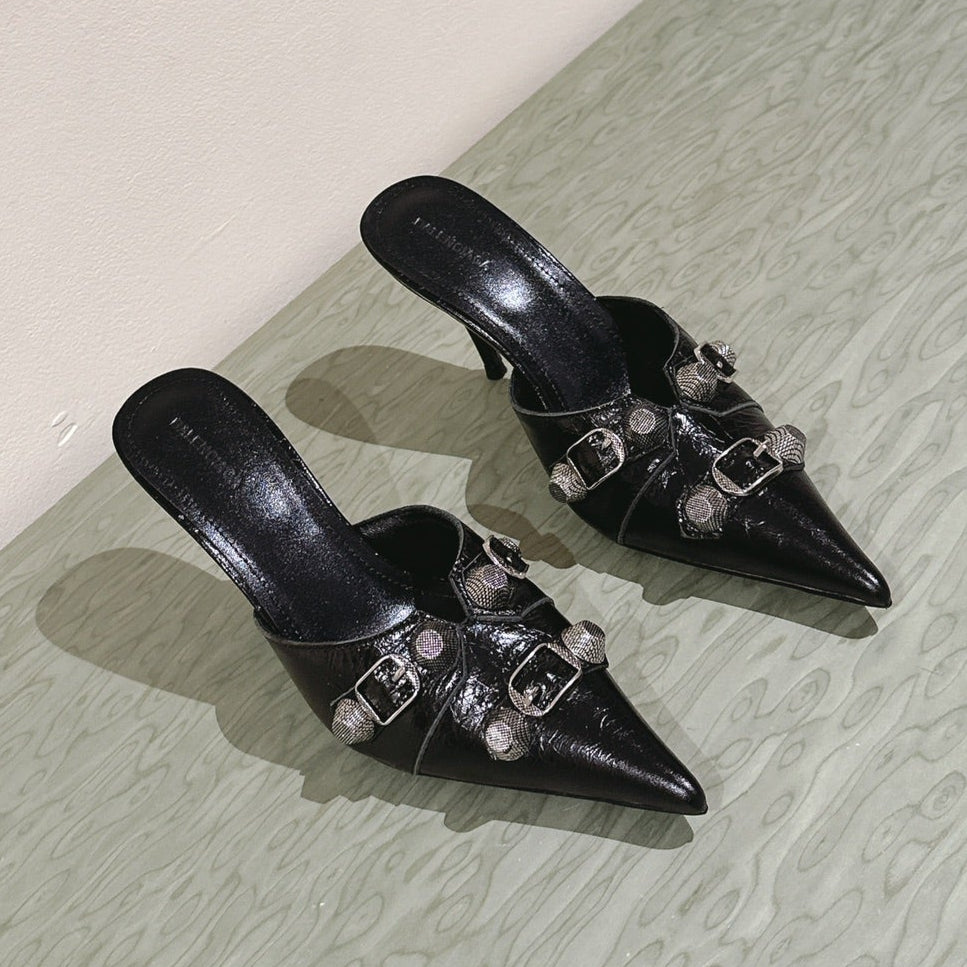 CAGOLE POINTED HIGH MULES IN BLACK SHINY CALFSKIN - 34