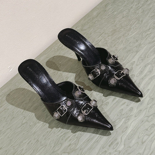 CAGOLE POINTED HIGH MULES IN BLACK SHINY CALFSKIN - 34