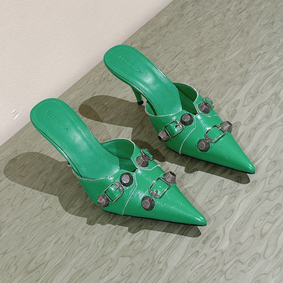 CAGOLE POINTED HIGH MULES IN GREEN SHINY CALFSKIN - 34