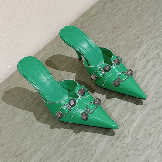 CAGOLE POINTED HIGH MULES IN GREEN SHINY CALFSKIN - 34