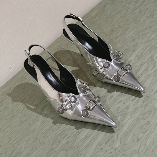 CAGOLE HIGH SLINGBACK IN SILVER GLOSSY CALFSKIN - 34