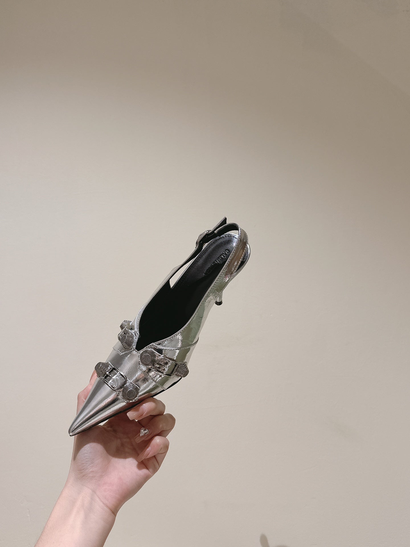 CAGOLE HIGH SLINGBACK IN SILVER GLOSSY CALFSKIN - 34