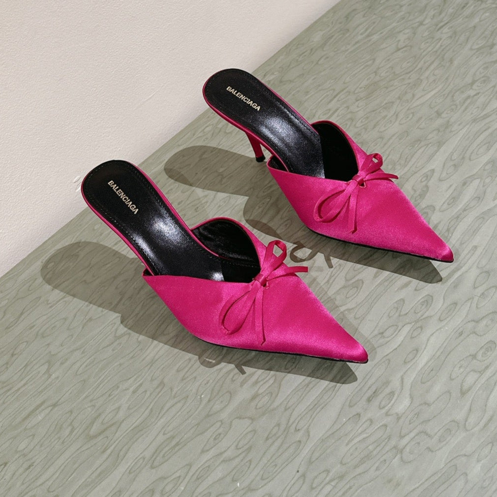 POINTED HIGH MULES WITH BOW IN HOT PINK SILK - 34