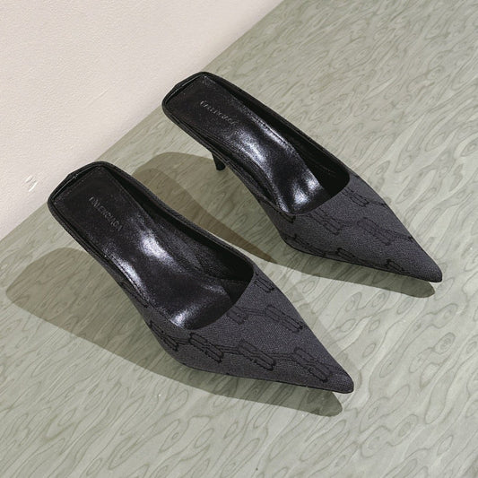 POINTED HIGH MULES IN BLACK MONOGRAM JACQUARD FABRIC - 34