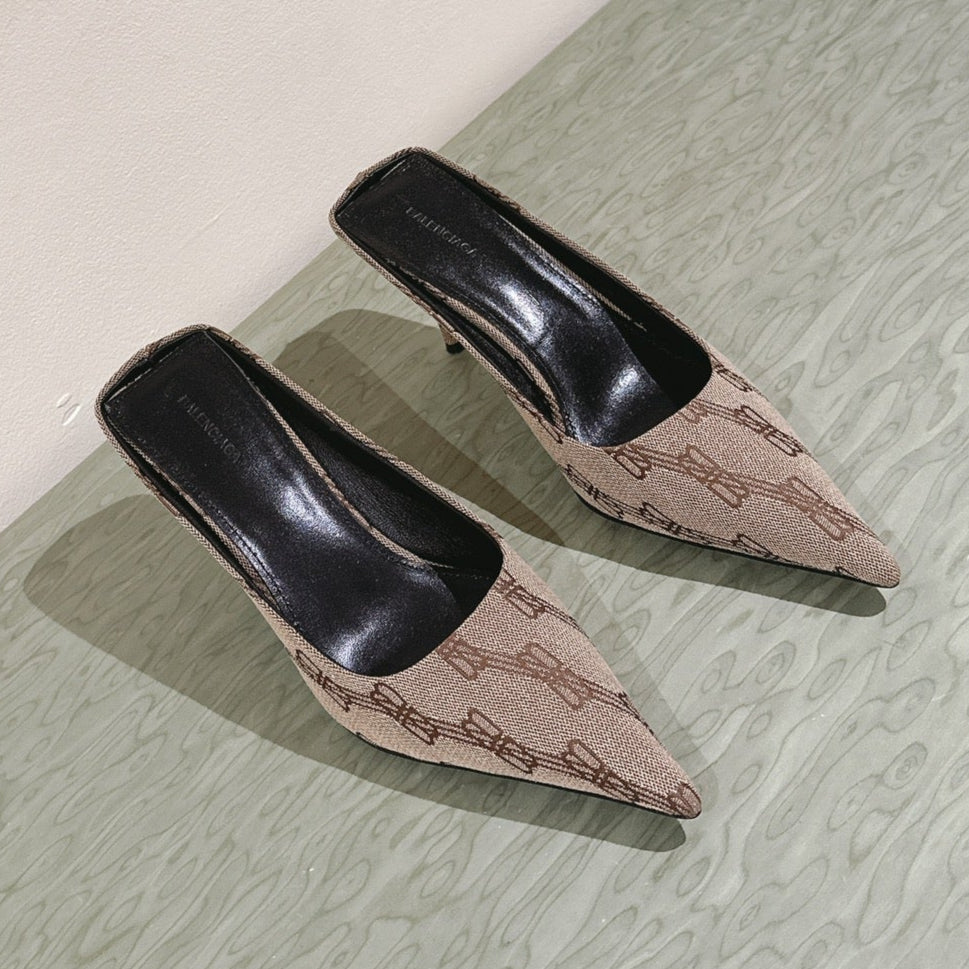 POINTED HIGH MULES IN BEIGE MONOGRAM JACQUARD FABRIC - 34