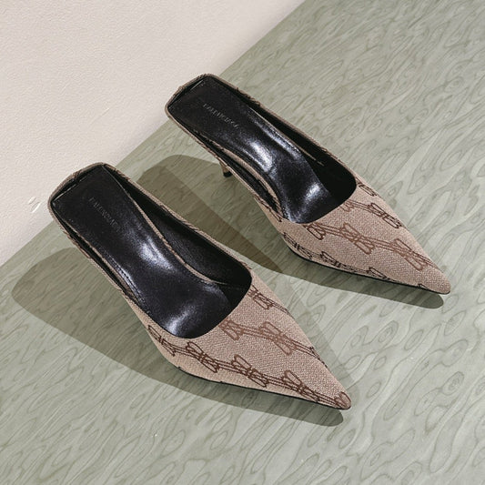 POINTED HIGH MULES IN BEIGE MONOGRAM JACQUARD FABRIC - 34