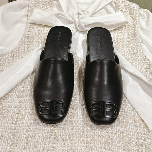 BLACK SHINY LAMBSKIN SQUARE TOE FLAT MULES BLACK BUCKLE - 34