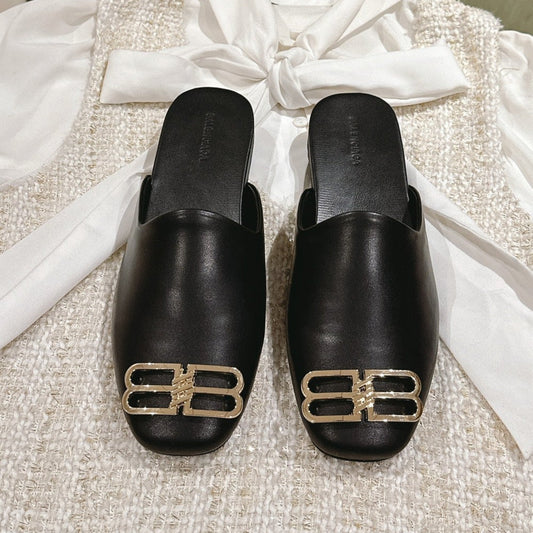 BLACK SHINY LAMBSKIN SQUARE TOE FLAT MULES GOLD BUCKLE - 34