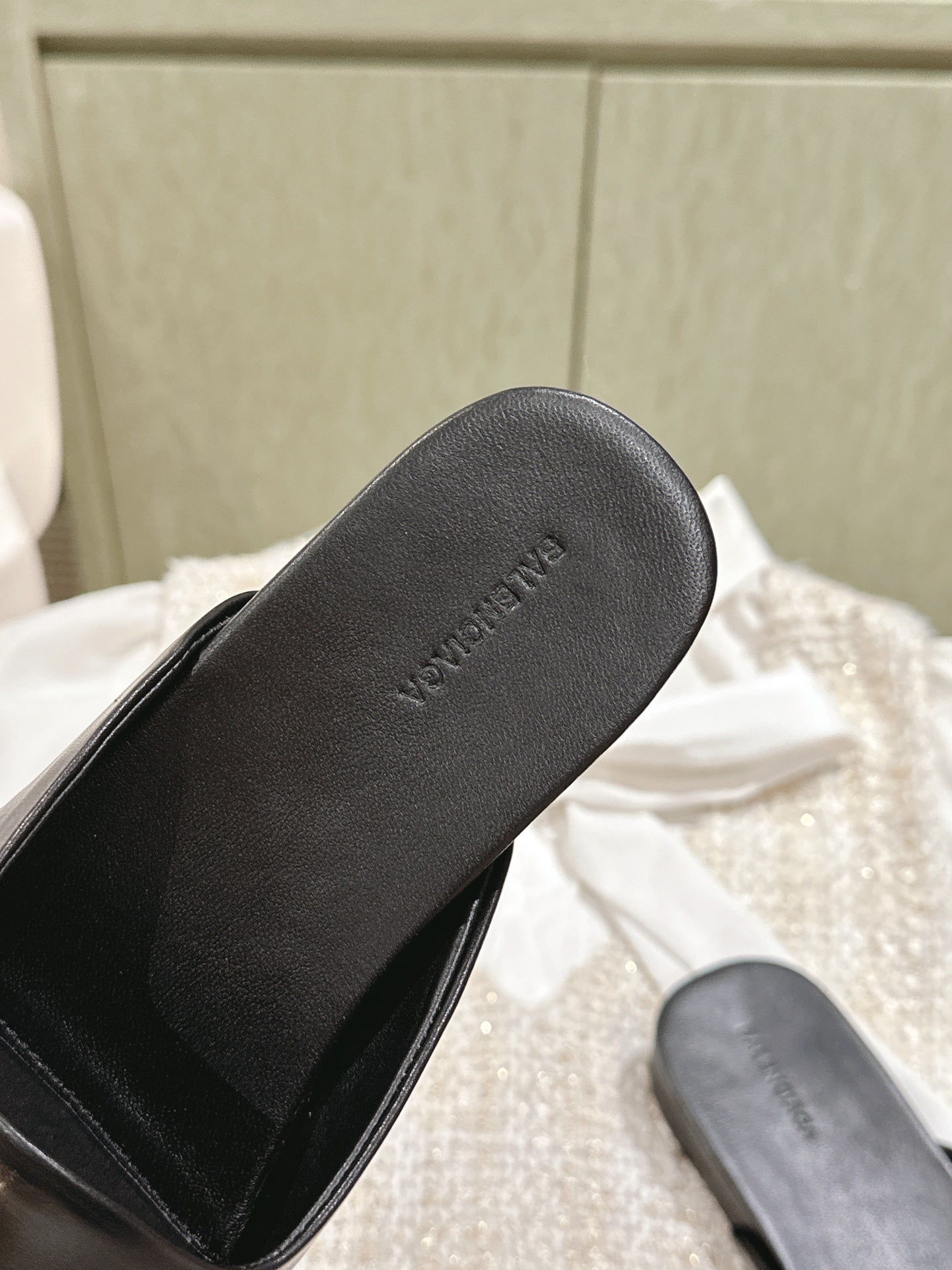 BLACK SHINY LAMBSKIN SQUARE TOE FLAT MULES GOLD BUCKLE - 34