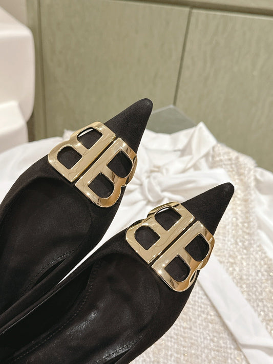 POINTED BB GOLD BUCKLE BALLET FLAT IN BLACK SUEDE - 34