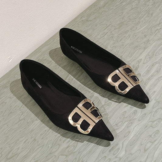 POINTED BB GOLD BUCKLE BALLET FLAT IN BLACK SUEDE - 34