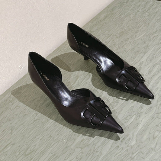 POINTED BB BLACK BUCKLE KITTEN HEEL PUMPS IN BLACK SMOOTH LAMBSKIN - 34