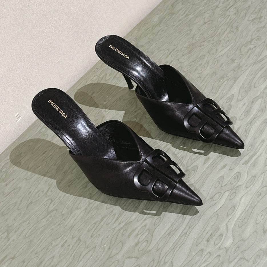 POINTED BB BLACK BUCKLE HIGH MULES IN BLACK SMOOTH LAMBSKIN - 34