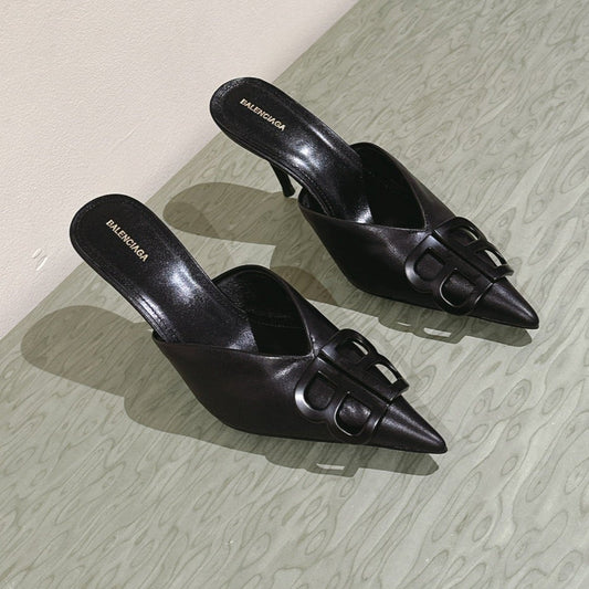 POINTED BB BLACK BUCKLE HIGH MULES IN BLACK SMOOTH LAMBSKIN - 34