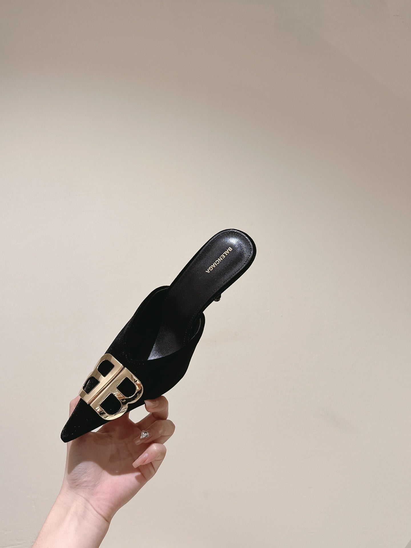 POINTED BB GOLD BUCKLE HIGH MULES IN BLACK VELVET - 34