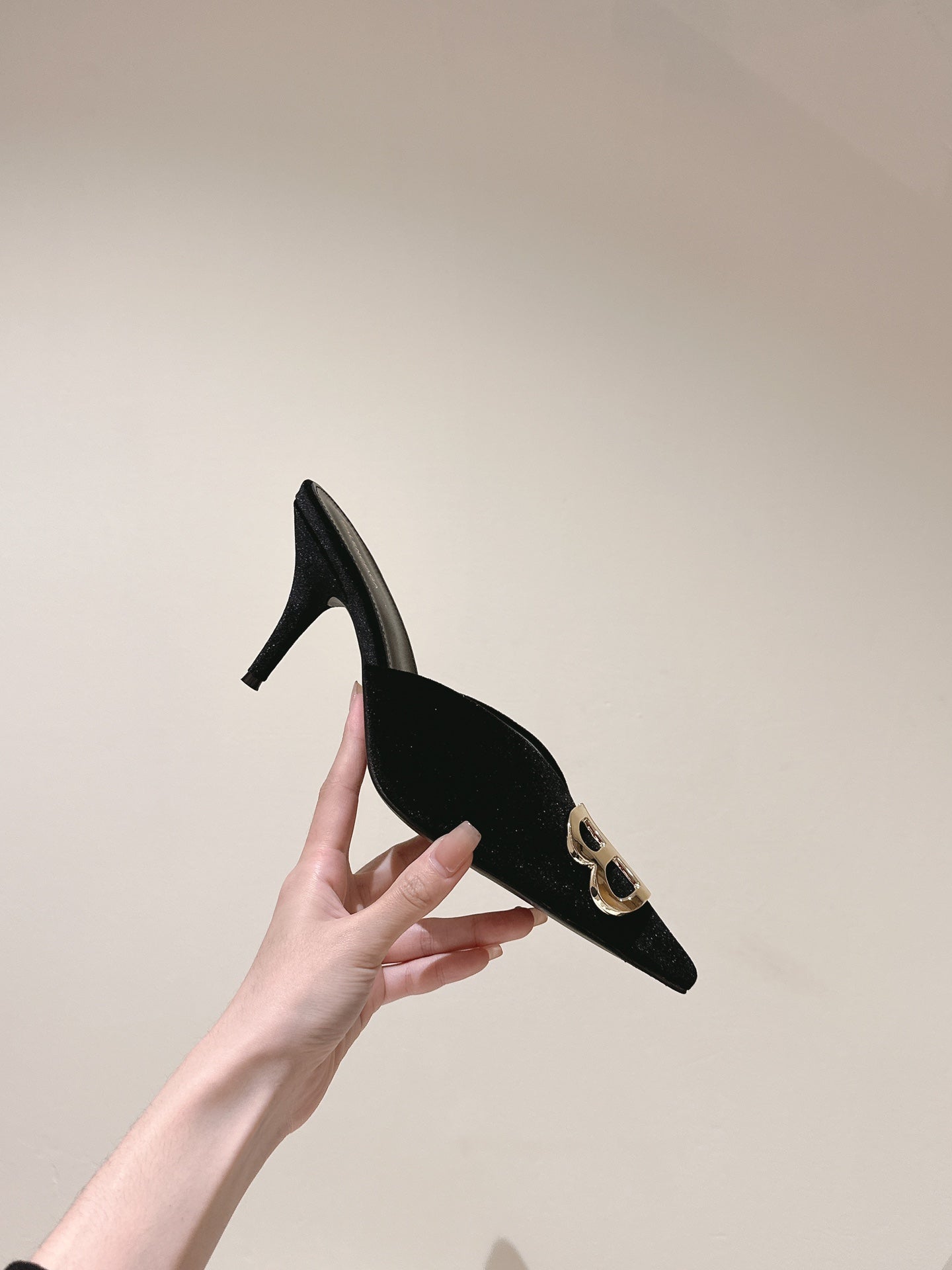 POINTED BB GOLD BUCKLE HIGH MULES IN BLACK VELVET - 34