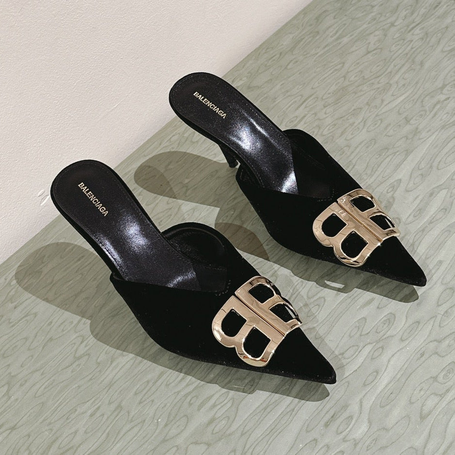 POINTED BB GOLD BUCKLE HIGH MULES IN BLACK VELVET - 34