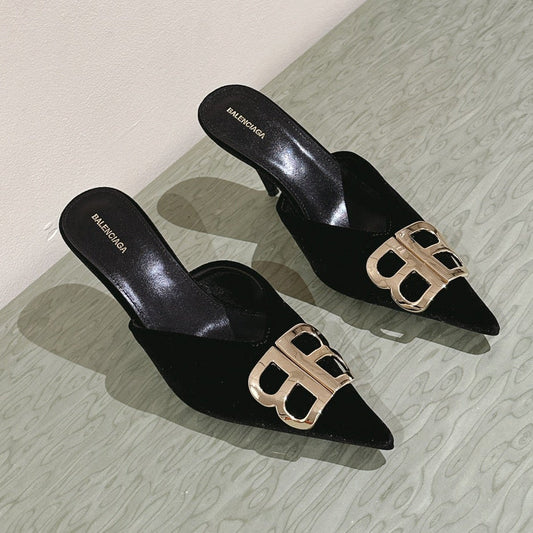 POINTED BB GOLD BUCKLE HIGH MULES IN BLACK VELVET - 34