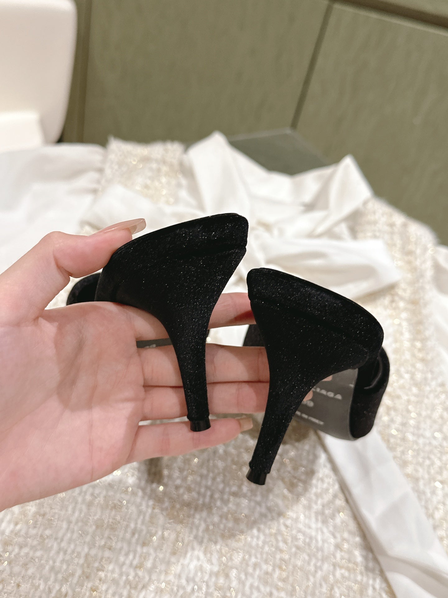 POINTED BB GOLD BUCKLE HIGH MULES IN BLACK VELVET - 34