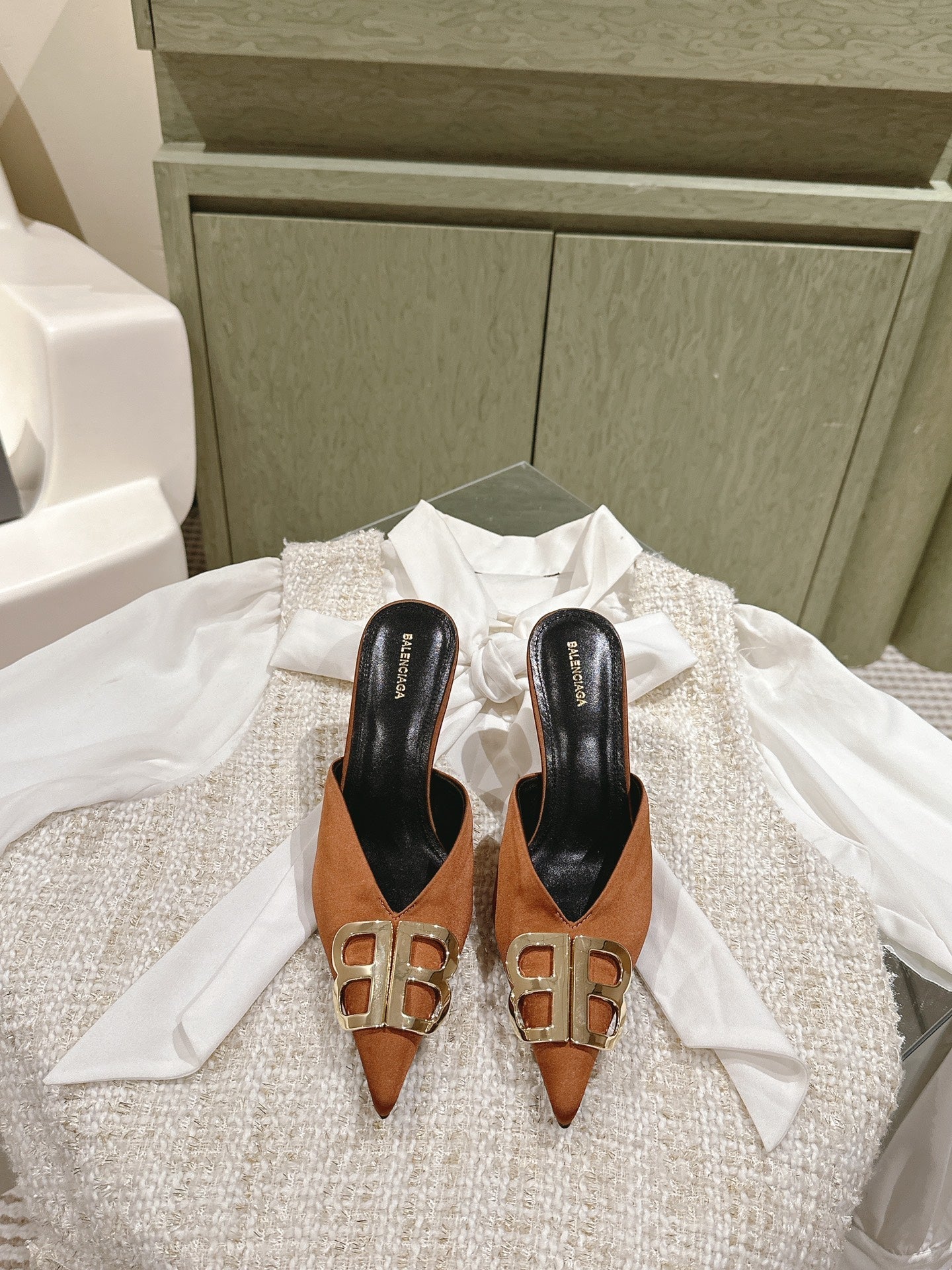 POINTED BB GOLD BUCKLE HIGH MULES IN BROWN RUST SILK - 34