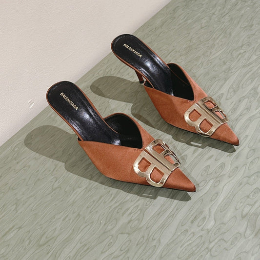 POINTED BB GOLD BUCKLE HIGH MULES IN BROWN RUST SILK - 34