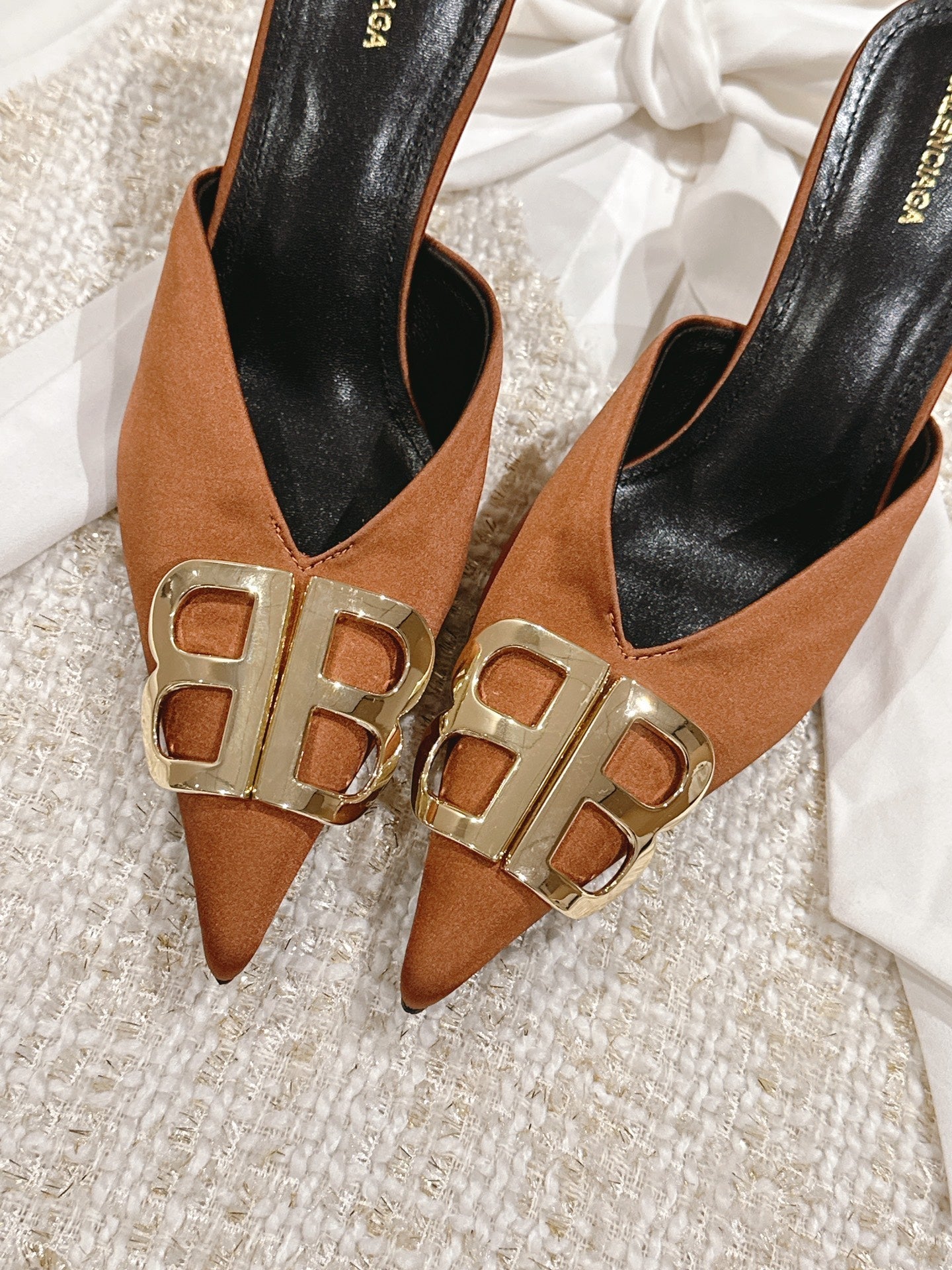 POINTED BB GOLD BUCKLE HIGH MULES IN BROWN RUST SILK - 34