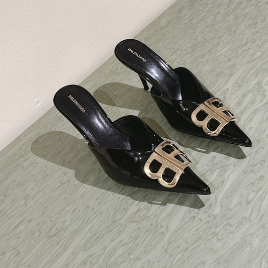 POINTED BB GOLD BUCKLE HIGH MULES IN BLACK PATENT CALFSKIN - 34