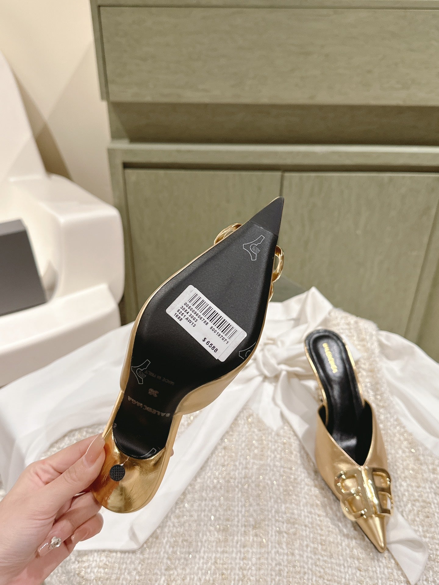 POINTED BB GOLD BUCKLE HIGH MULES IN GOLD METALLIC CALFSKIN - 34