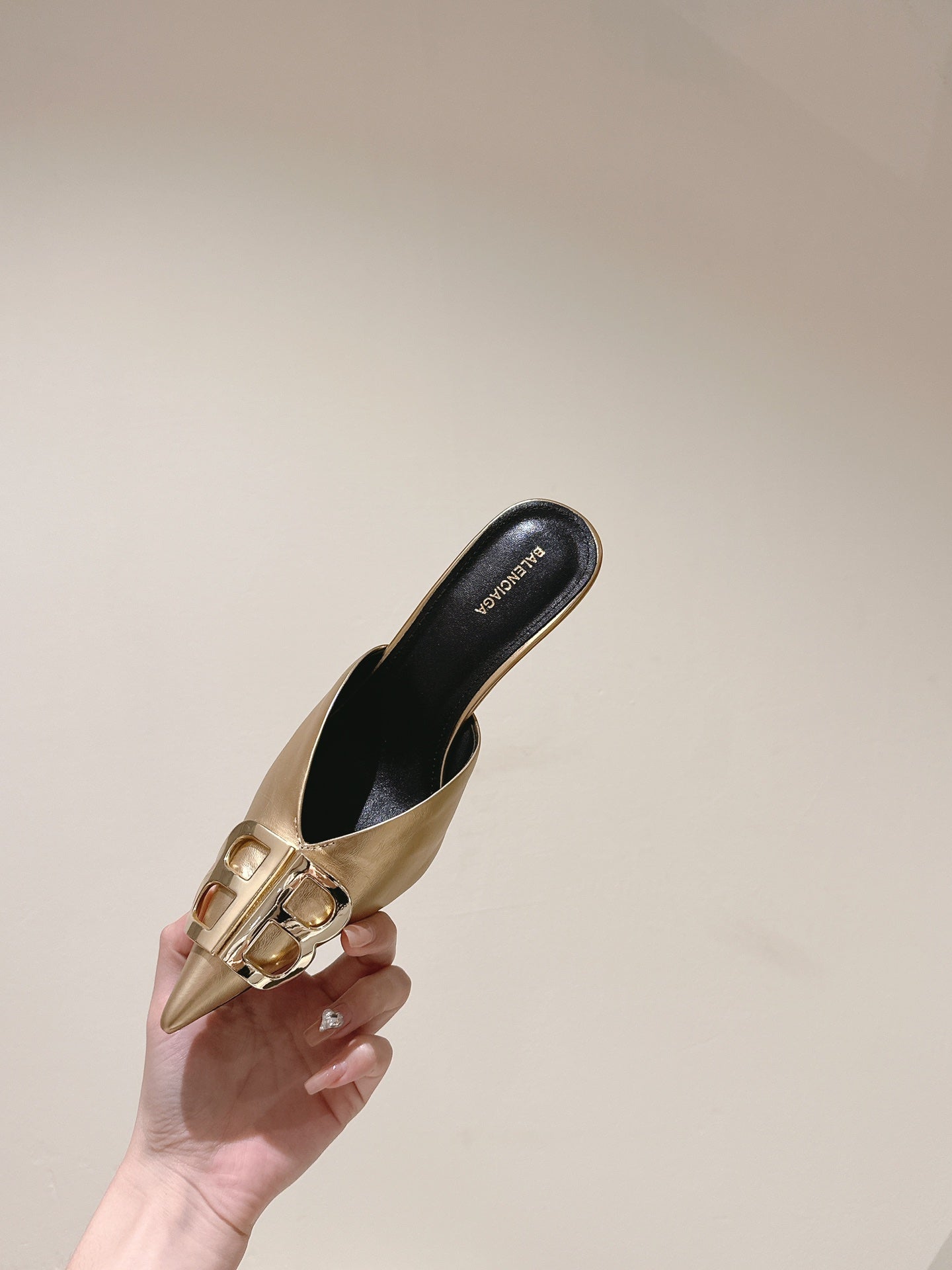 POINTED BB GOLD BUCKLE HIGH MULES IN GOLD METALLIC CALFSKIN - 34