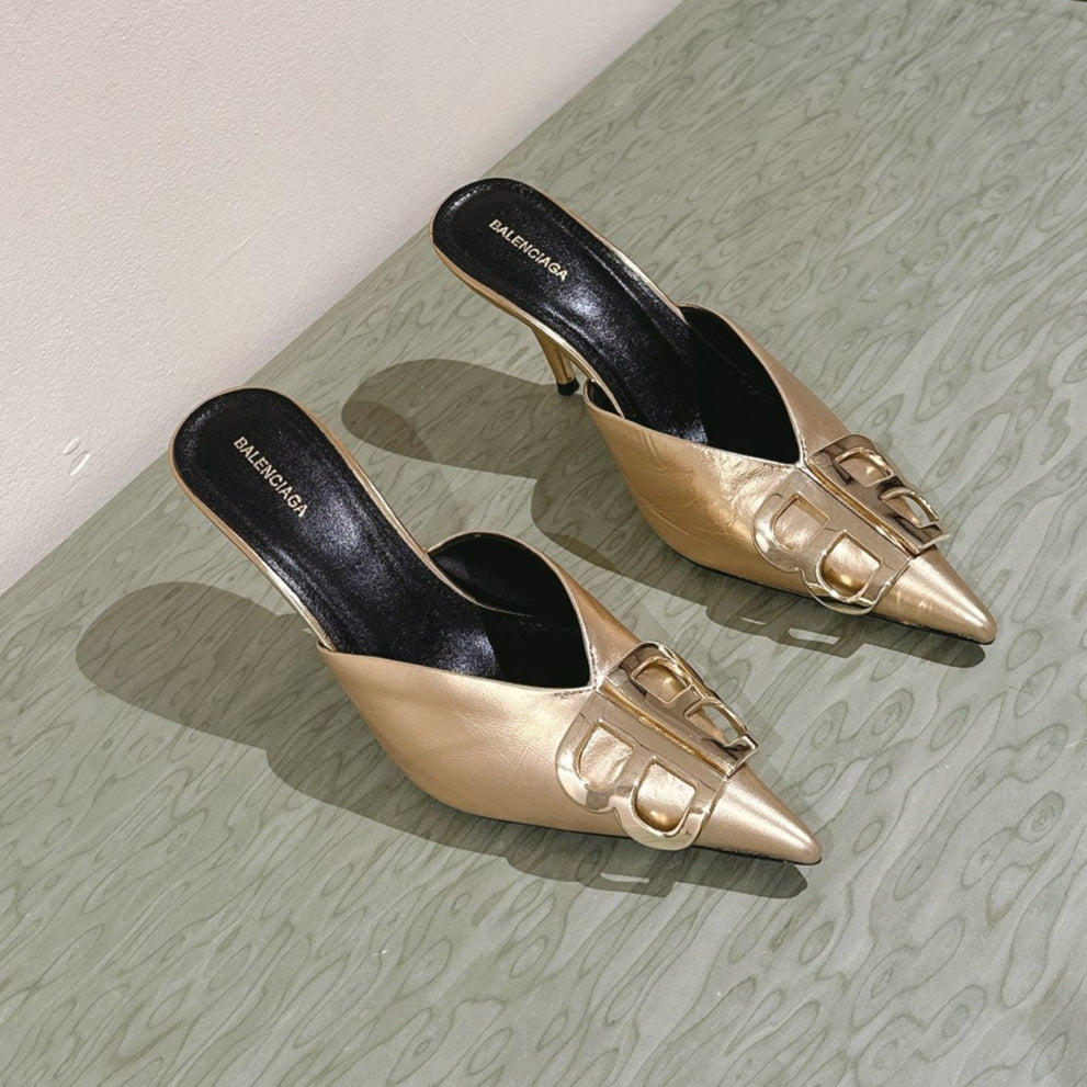 POINTED BB GOLD BUCKLE HIGH MULES IN GOLD METALLIC CALFSKIN - 34